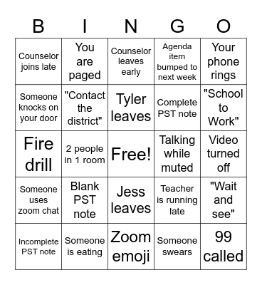 PST Bingo Card
