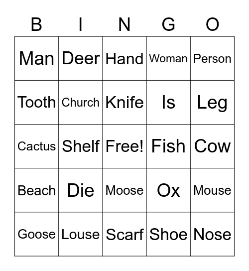 Irregular Plurals Bingo Card