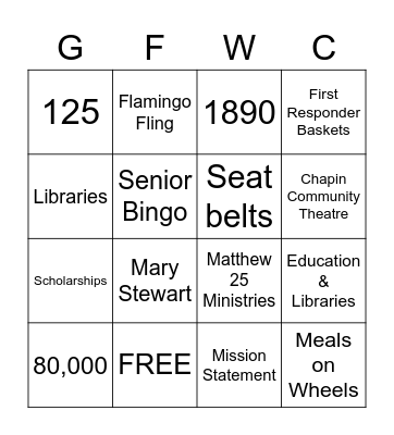 Chapin Woman's Club Bingo Card