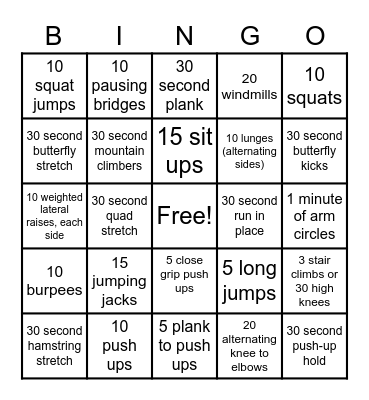 Fitness Bingo Card