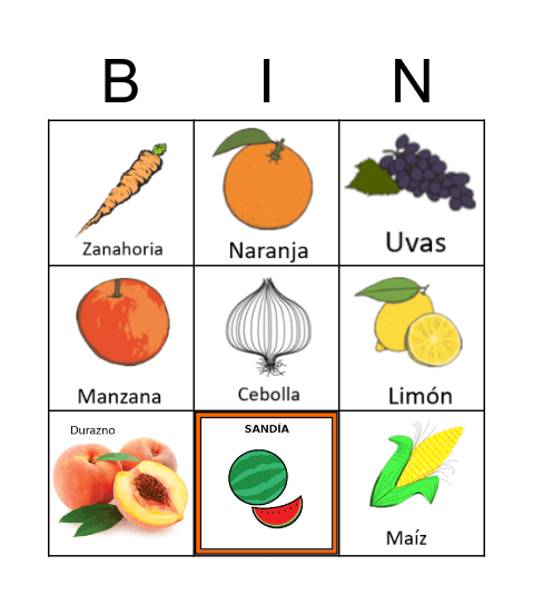 G2 - Frutas y verduras Bingo Card