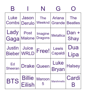 Pop Music Bingo! Bingo Card