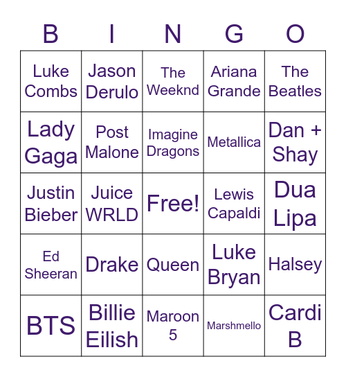 Pop Music Bingo! Bingo Card