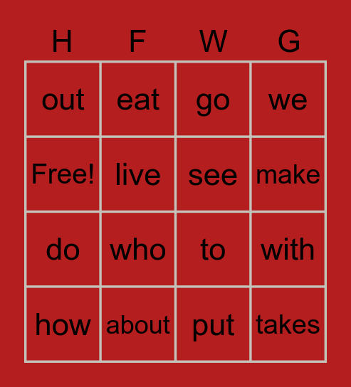 High Frequency Word Practice Bingo Card