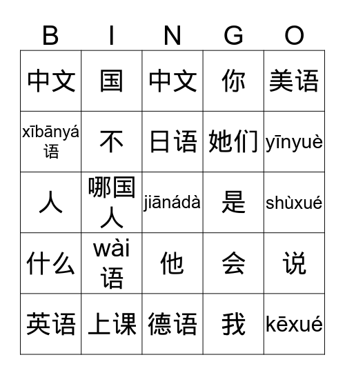 language & classes Bingo Card