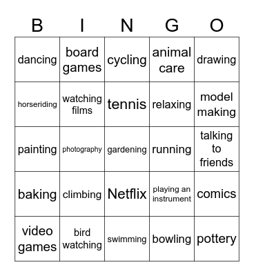 Hobbies and Interests Bingo Card