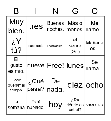 Preliminary Vocab. Bingo Card