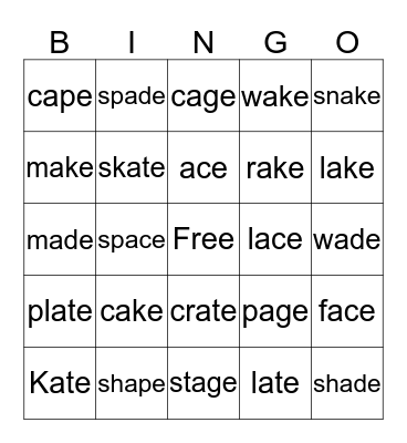 Long A Words Bingo Card