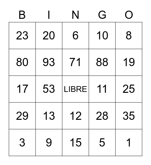Numeros 0-100 Bingo Card
