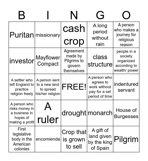 Settlements Take Root Vocabulary Bingo Card