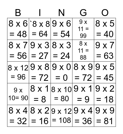 Multiply 8 & 9 Bingo Card