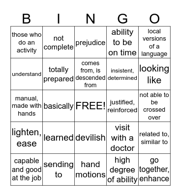 Vocabulary Bingo Card