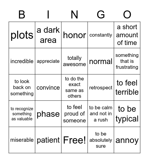 Week 4 Vocabulary Bingo Card