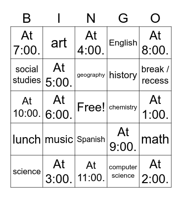 las clases y la hora Bingo Card