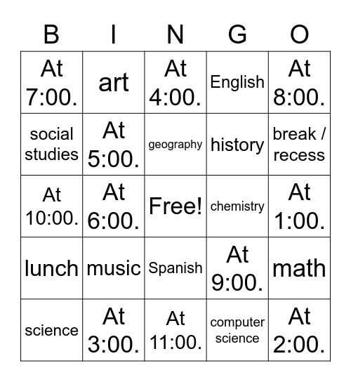 las clases y la hora Bingo Card