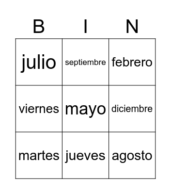 Los días de la semana y los meses del año Bingo Card