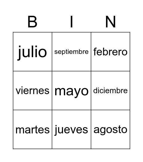 Los días de la semana y los meses del año Bingo Card