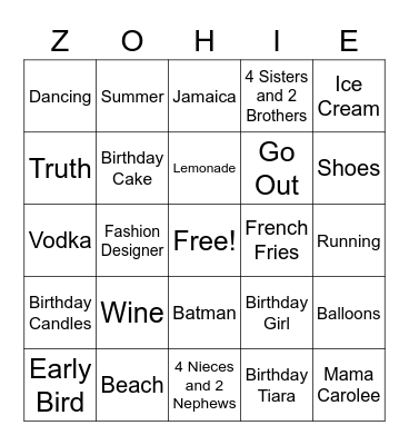 Zohie's Birthday Bingo Card
