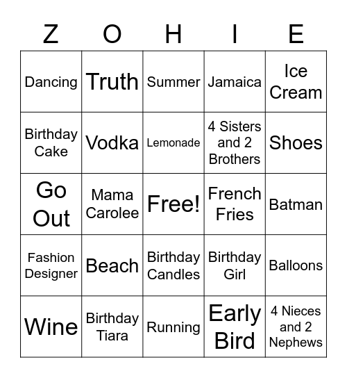 Zohie's Birthday Bingo Card