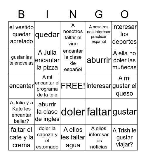 Gustar y verbos similares Bingo Card