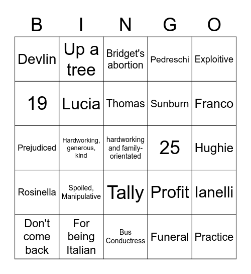 Tally's Blood Bingo Card