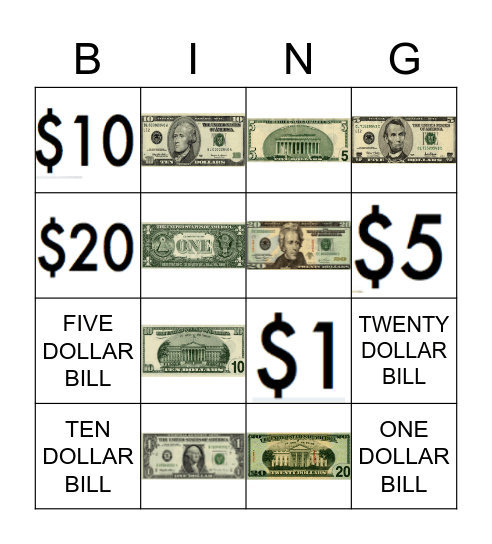 Money: Bills, Value, Wording Bingo Card