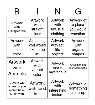 Art Museum Scavenger Hunt Bingo Card