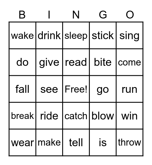 Irregular Past Tense Verbs Bingo Card