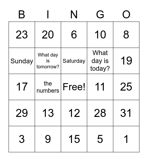 Numbers 0-31 and Days of the Week Bingo Card