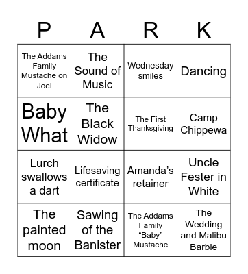 Addams Family Values Bingo Card