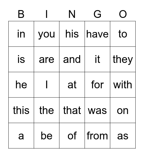 First Grade Sight Words 1-25 Bingo Card
