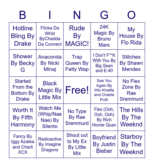 Songs We Grew Up (2014-2016) Bingo Card