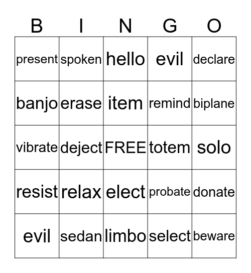 Open Syllable Words Bingo Card