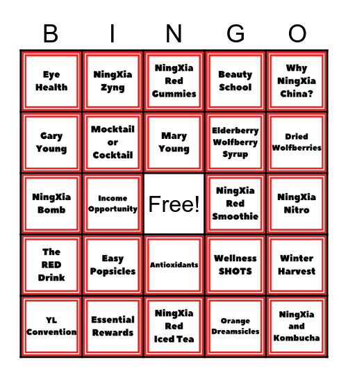 NingXia Red Party Bingo Card