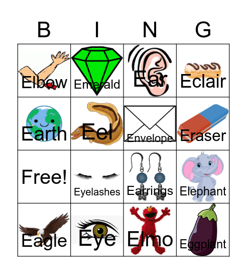 Letter E Bingo Card