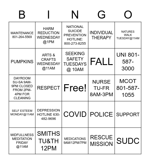 Safe Haven Game Night Bingo Card