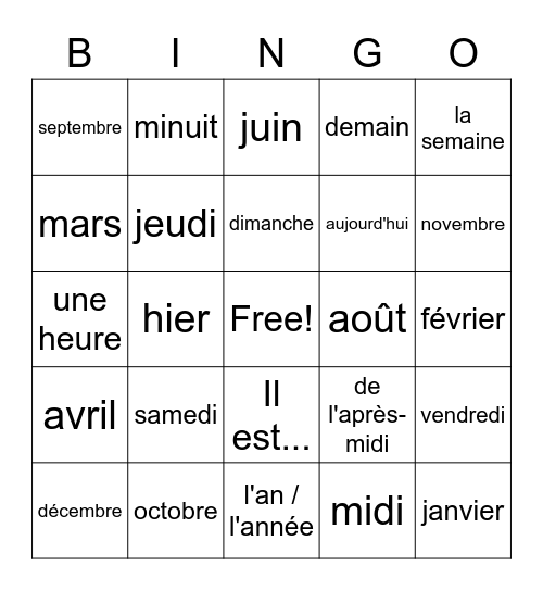 French - Dates, Months, and Time Bingo Card