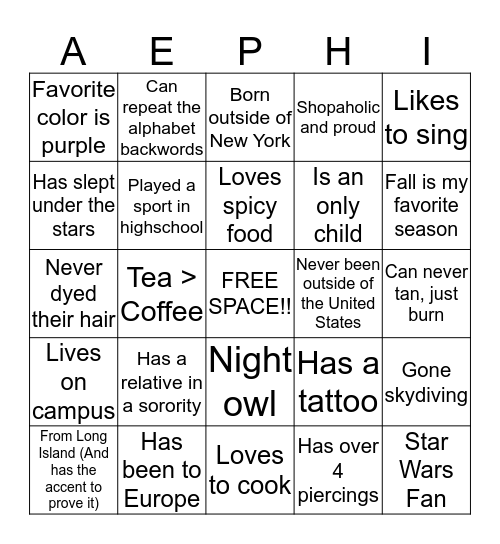 Alpha Epsilon Phi Bingo Card