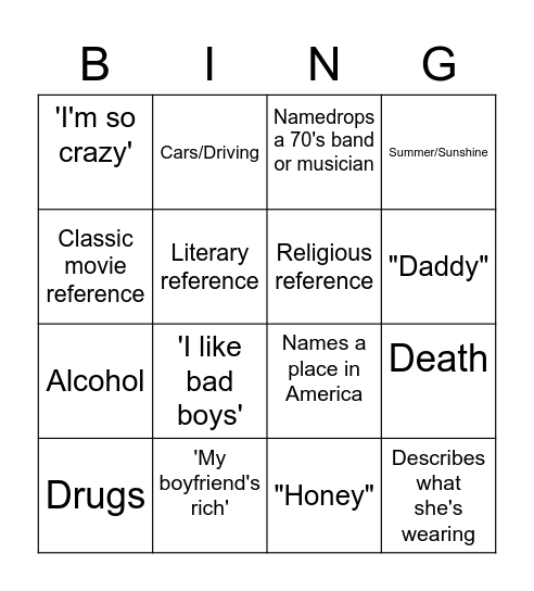 Lana Del Rey Bingo Card