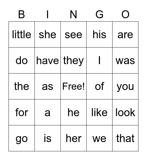 Sight Words Bingo Card