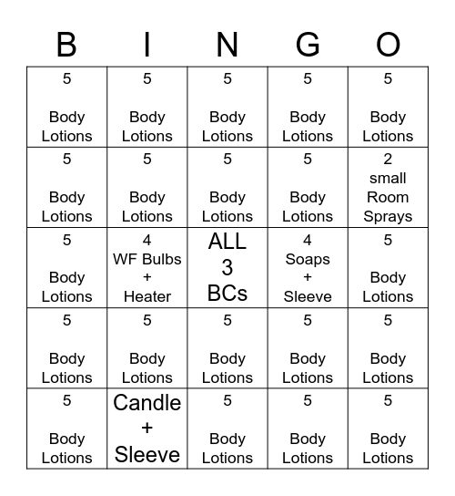 Body Lotion Bingo!! Bingo Card