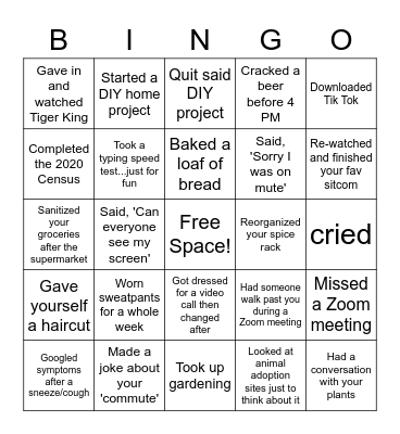 Quarantine Bingo Card
