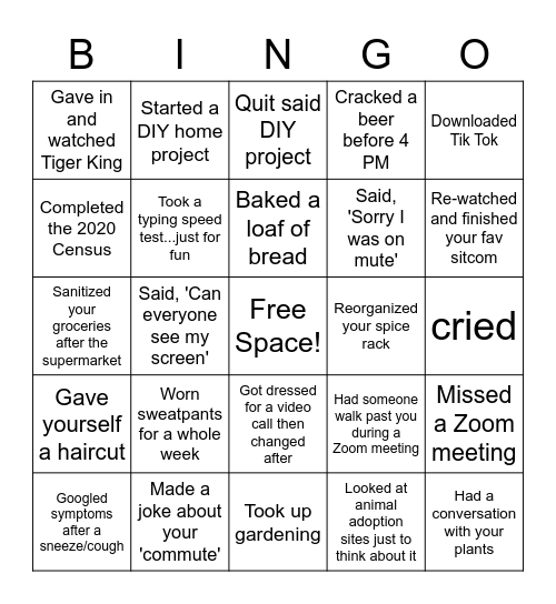 Quarantine Bingo Card