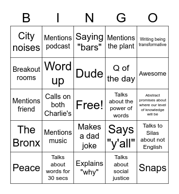English Class Bingo Card