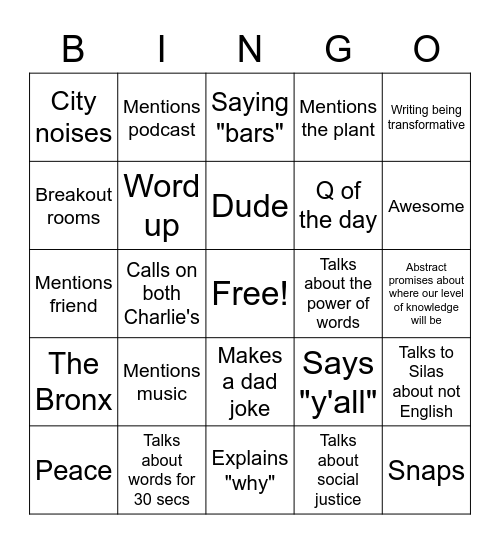 English Class Bingo Card