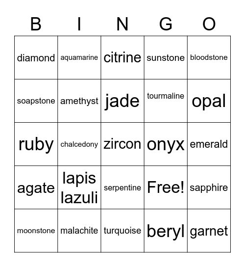 Rock Bingo Card