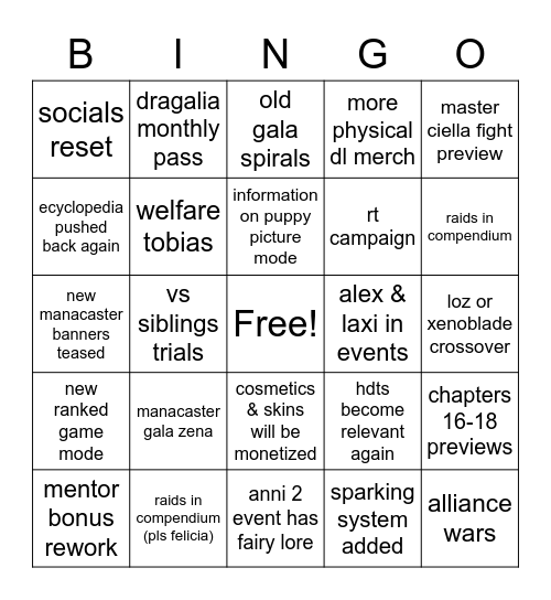 lusa's dragalia 2nd anni bingo Card