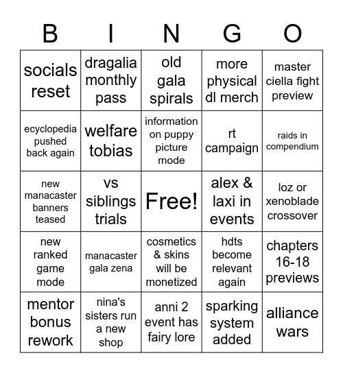 lusa's dragalia 2nd anni bingo Card