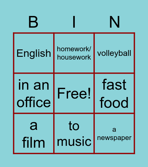 Verbs Bingo Card