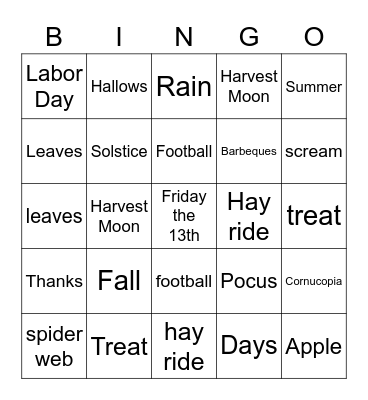 Summer to Fall Bingo Card